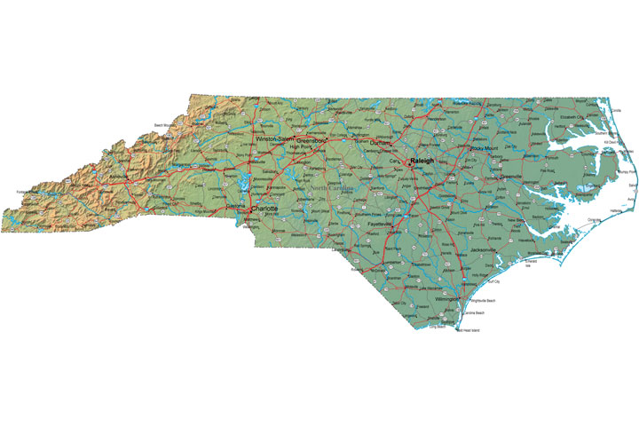 Detailed North Carolina Map Nc Terrain Map