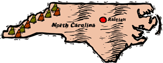 North Carolina woodcut map showing location of Raleigh